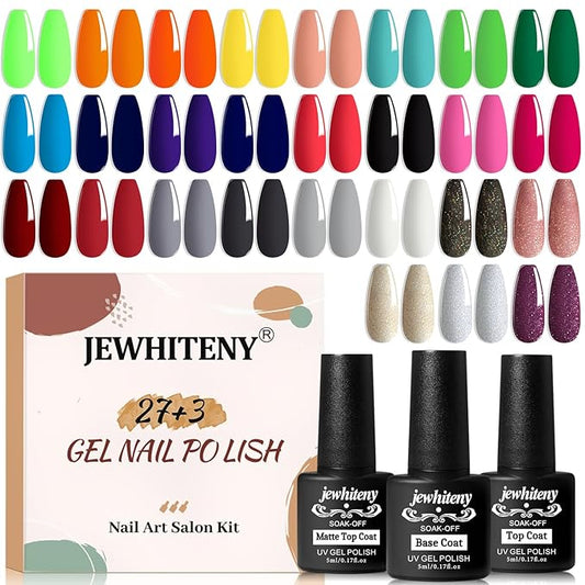 JEWHITENY 30pcs Gel Nail Polish Kit With 27 Colors + Matte Top Coat, Base Coat And Top Coat Polish Set For Manicure Nail Art Salon/Home Starter (Packaging May Vary)