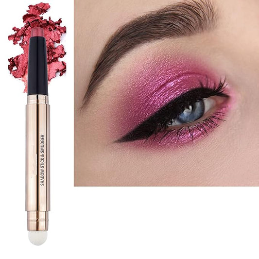 2 in 1 eyeshadow stick and Sponge Makeup Brush, Smooth Cream Shimmer Shadow Pencil Long Lasting Waterproof Eye Shadow Highlighter Stick Makeup, Hypoallergenic Multi-Dimensional eyes Look