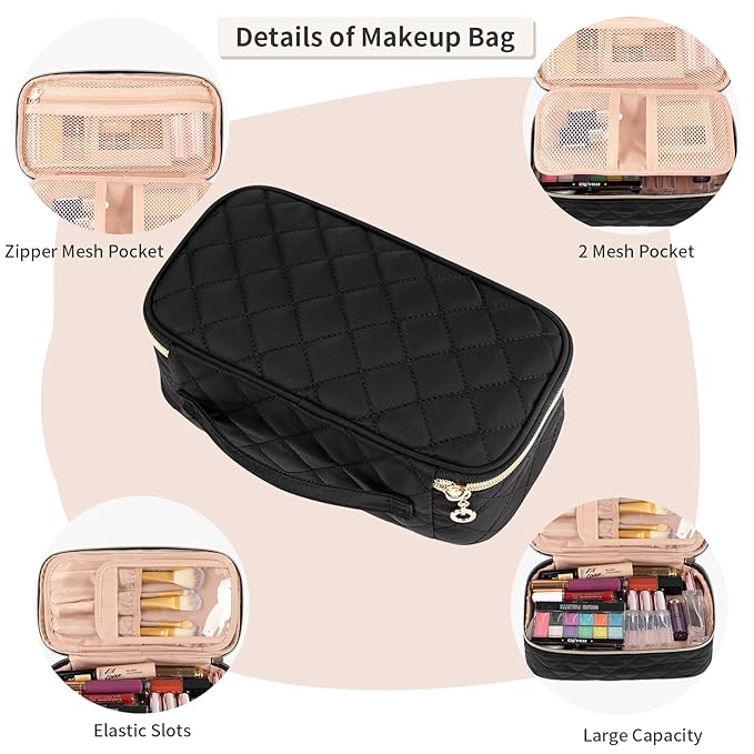 OCHEAL Small Makeup Bag,Portable Cute Travel Makeup Bag Pouch for Women Girls Makeup Brush Organizer Cosmetics Bags with Compartment-Nylon Black