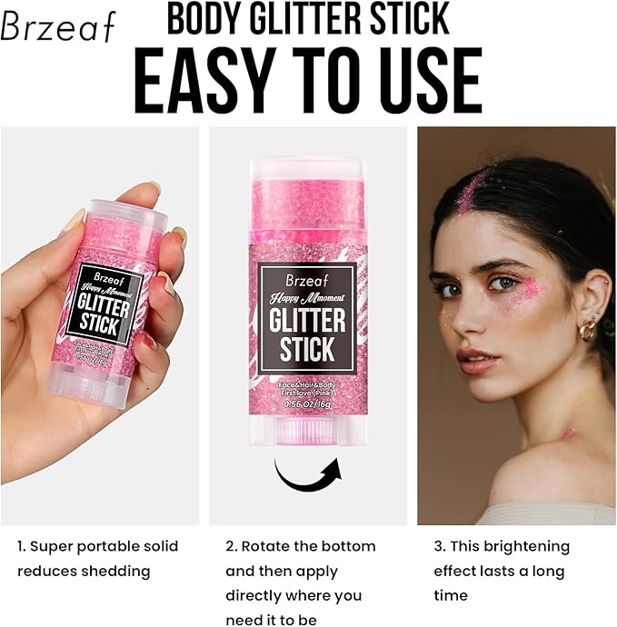 Brzeaf Waterproof Pink Glitter Stick, Not Greasy & Long Lasting, Chunky Glitter for Face/Body/Hair/Eyes/Lip, Singer Concert Music Rave Festival, Glitter Stick Makeup & Face Glitter Gel for Women Men