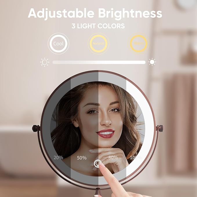 Nicesail Desk Mirror with Light 1X/10X Magnifying with 3 Color Dimmable Lights Desk Mirror, Cordless 360 Rotation 4000mAh Rechargeable, Double Sided Mirror for Desk, 8 Inch Standing Brushed Rose Gold