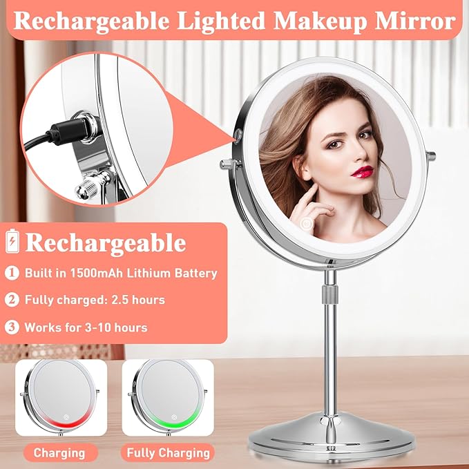Lighted Makeup Mirror with Magnification, 10X 8’’Rechargeable Double Sided Vanity Mirror with Lights Magnifying Makeup Mirror with 3 Color Light with 360° Rotation, Detachable Base