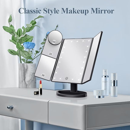 HUONUL Makeup Mirror, Vanity Mirror with Lights, 2X/3X/10X Magnification, Touch Control, Trifold, Dual Power Supply, Valentines Day Gifts for Her,Gifts for Women, Wife, Mom, Girls,Dorm Room Essentials