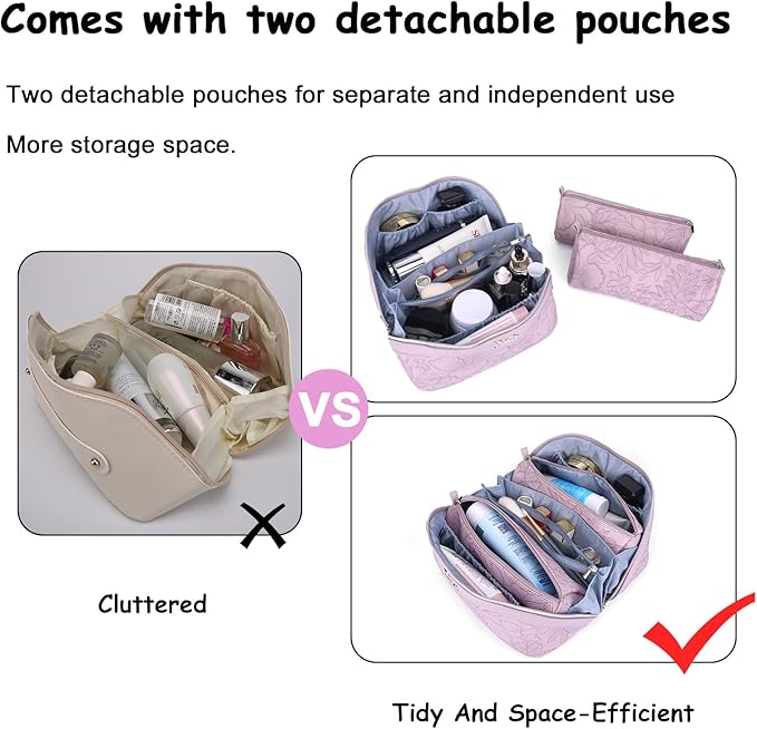 BOYATU Travel Makeup Bags Cosmetic Organizer Bag: 3-Set Large Capacity Make up Bag - PU Leather Toiletry Bags for Women - Wide Open Portable Pouch with Divider & Handle (01-Z-Light Purple)