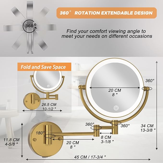 8” Wall Mounted Makeup Mirror 1X/10X Magnification, Rechargeable 2 Sided Touch Dimming with LED Lights 360 Swivel Extendable Arm Shaving Mirror, Brushed Moderne Brass
