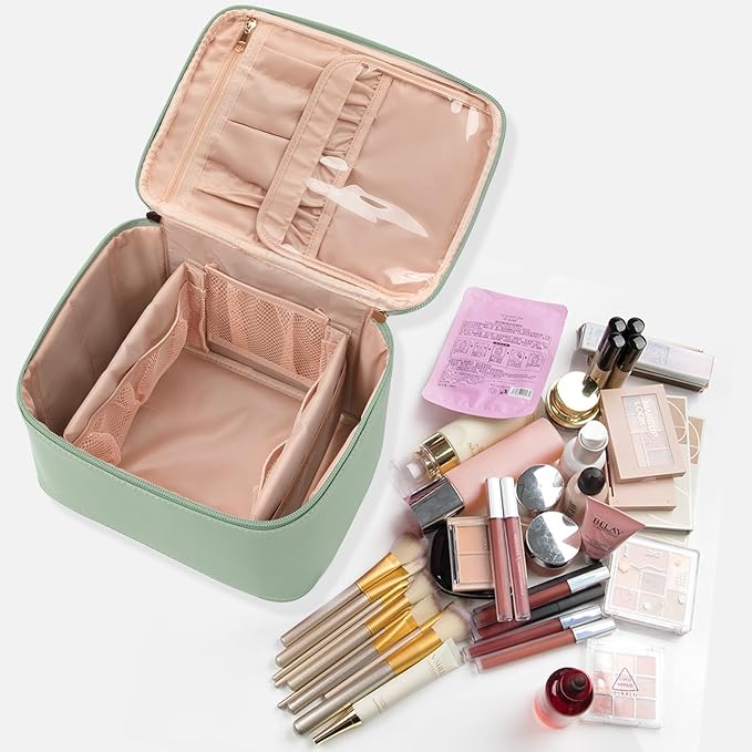 OCHEAL Makeup Bag, Portable Cosmetic Bag, Large Capacity Travel Case Organizer, Black Makeup Bags For Women Toiletry Bag for Girls Traveling With Handle and Divider-Light Green Large