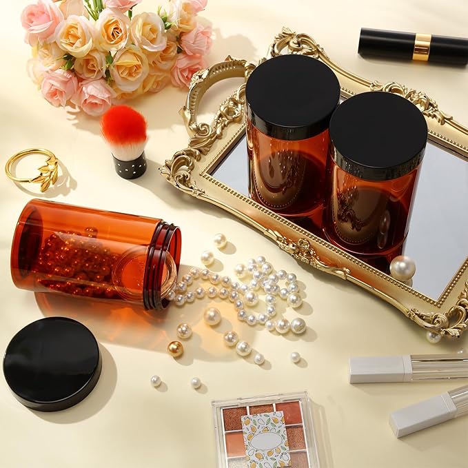 Patelai 4 Pieces Round Wide-mouth Leak Proof Plastic Container Jars with Lids for Travel Storage Makeup Beauty Products Face Creams Oils Salves Ointments DIY Making(12 Ounce,Amber)