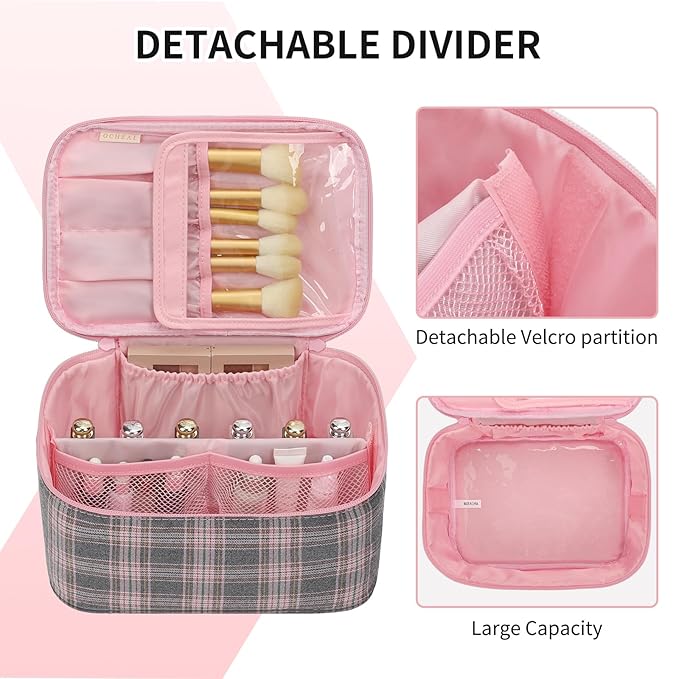 OCHEAL Makeup Bag for Women - Travel Cosmetic Organizer with Brush Slot & Divider, Large Capacity Toiletry Bag for Girls, Travel Makeup Case for everyday Make up Accessories -Pink Plaid
