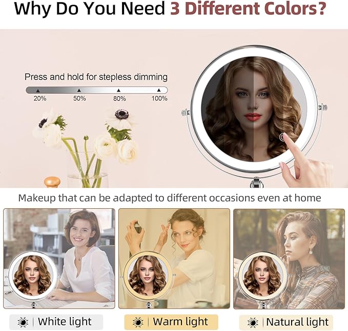 8" Rechargeable Lighted Makeup Mirror with Magnification, Adjustable Height & Brightness 1X/10X Double Side Magnifying Mirror with Light, 3 Color Lighting 360° Rotation Storable Base, Chrome