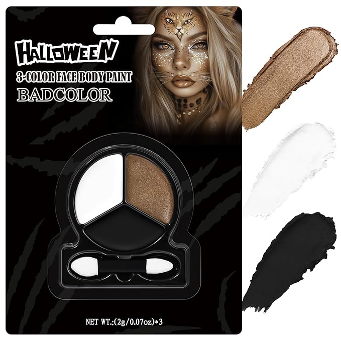 Black White Metallic Brown Face Body Paint with Applicator, Oil Based Face Painting kit for Halloween Leopard, Tiger, Cheetah, Cat Makeup, Cosplay, Costume, Theme Parties, Dress Up