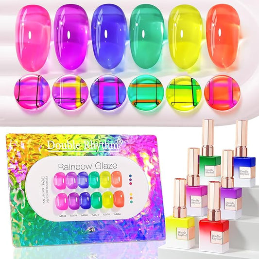 Double Rhythm 6 Pcs 15 ML Gel Polish Set Same Color Same Bottle Soak Off Jelly Neon Gel Polish Kit Nail Art Manicure Salon DIY at Home (Pink Purple Blue Green Yellow Green-T6-50)