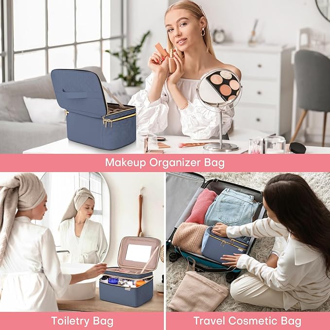 Large Makeup Bag with Mirror Double Layer Travel Make Up Organizer Case, Large Capacity Coemetic with Brush Slot Divider, Travel Toiletry Bag for Women (Aegean Blue)