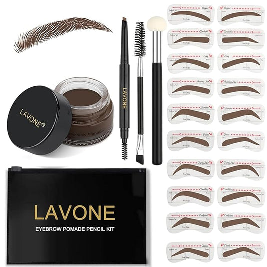 LAVONE Eyebrow Stamp Stencil Kit - Brow Stamp Trio Kit with Waterproof Eyebrow Pencil, Pomade, 20 Stencils, Dual-ended Brush and Sponge Applicator - Dark Brunette