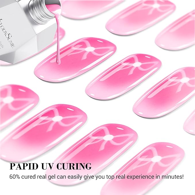MelodySusie Semi Cured Gel Nail Strips, 20 PCS Gel Nail Stickers, UV Light Required, Durable & Salon Quality (Pink Bow)