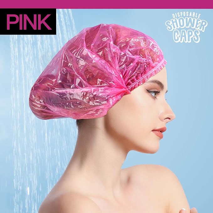 LEOBRO Disposable Shower Caps, 100PCS Large Shower Cap, Plastic Shower Caps for Women Disposable, Thick Plastic Caps for Hair Treatment, Large Size 19.3 INCH, Pink