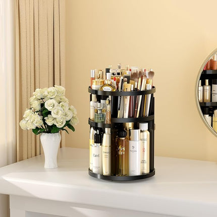 Makeup Organizer 360 rotating, Adjustable Skincare Organizers with Brush Holder, Cosmetics Display Cases for Vanity Bathroom Countertop Large Capacity Carousel Make up Caddy Shelf (Black)