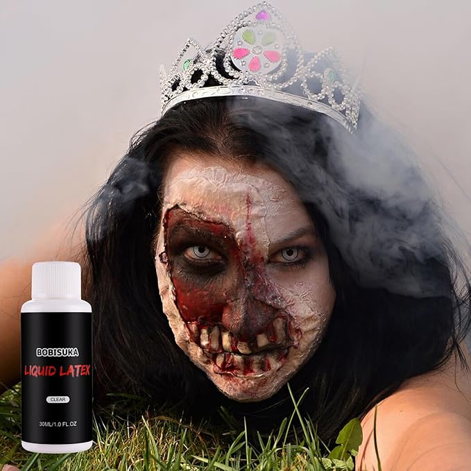 BOBISUKA 6 Piece Halloween SFX Special Effects Makeup Kit - Fake Blood Gel + Clear Liquid Latex + Black Tooth Paint + Modeling Scar Wax with Spatula Tool and Black Stipple Sponge All in One