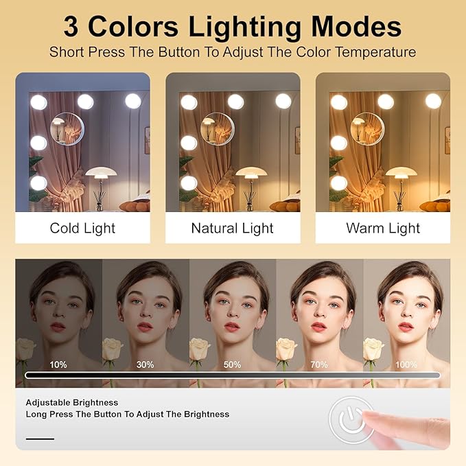 Hasipu Hollywood Vanity Mirror with Lights and Bluetooth Speaker, 35" x 24" Makeup Mirror with 16 Dimmable LED Bulbs 3 Color Modes, 5X Magnifying Glass, Touch Control, USB and Type-C, Tempered Glass