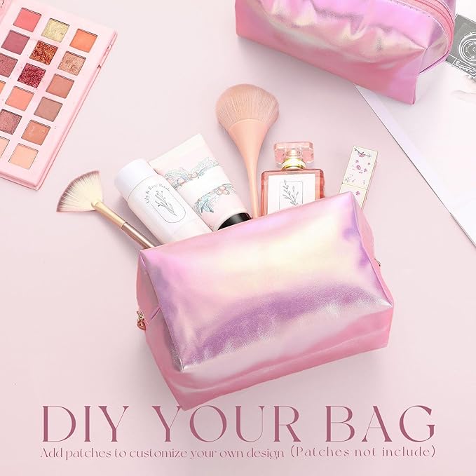 Sanwuta 9 Pcs Makeup Bags Bulk PU Double Zippers Cosmetic Bag Makeup Toiletry Pouch Portable Travel Organizers Case for Women Bachelorette Party End of The Year Bridesmaid Gift(Laser Pink)