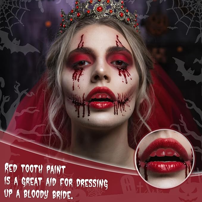 Professional Halloween Red Tooth Paint, Temporary Red Color Tooth Paint，Safe Long Lasting SFX Teeth Paint, Perfect for Cosplay, Halloween Makeup, Theater, Costume Party