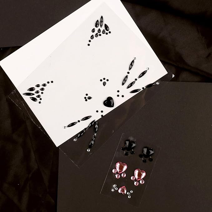 Crystal Cat Face Jewels with Pink Cat Print Gems - Face Jewels for Women & Kids - Cat Whiskers Costume Accessory