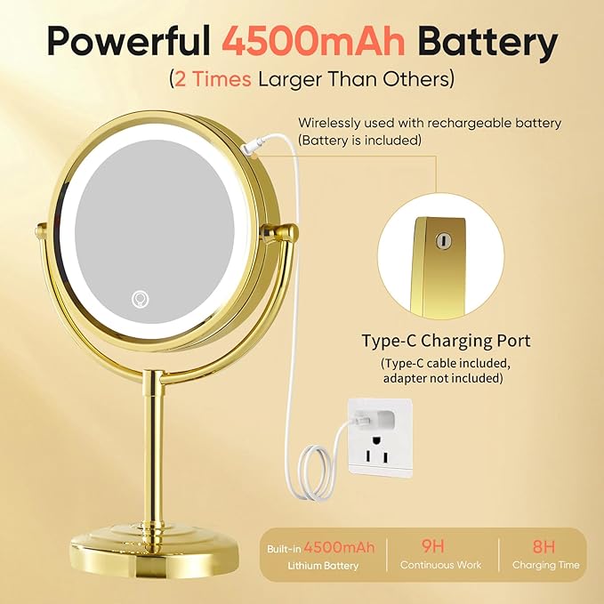 GURUN 8.5 Inch Rechargeable LED Lighted Tabletop Makeup Mirror with 10x Magnification Dimmable 3 Colors Touch Control 4500mAh Double Sided Gold Finish 2208D-T(10x, Gold)