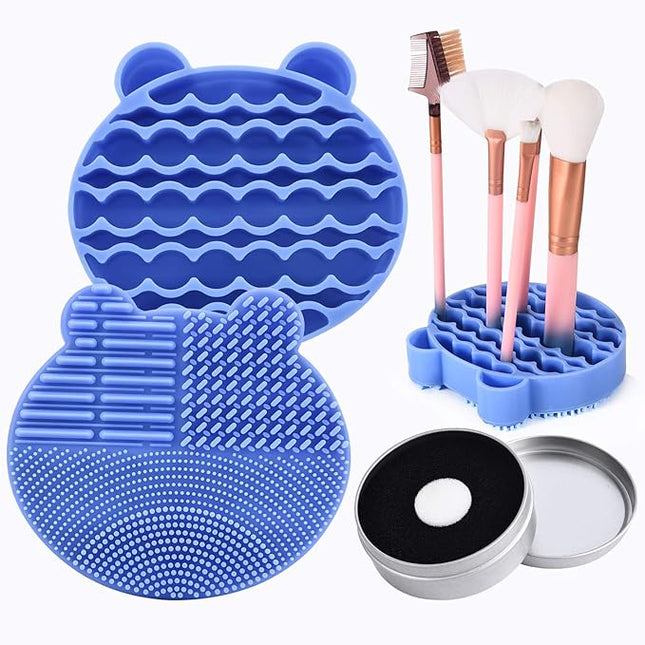 Silicon Makeup Brush Cleaner Mat with Brush Drying manual Make up brush cleaner cleanser machine Cosmetic Brush Cleaning Pad+Makeup Brush Dry Cleaned Quick Color Removal Sponge Scrubber Tool(Blue)