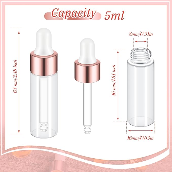 100 Pcs Mini Glass Oil Dropper Bottle Bulk, Clear Essential Small Empty Bottles Sample Containers Perfume Liquid Vials with Cap for Traveling (5 ml,Rose Gold)