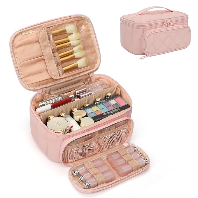 OCHEAL Makeup Bag, Multifunctional Make Up Bags Large Compact Makeup Bag Organizer Cosmetics Toiletry Brushes Storage Case for Women Girls Makeup Case with Handle Divider-Pink Large