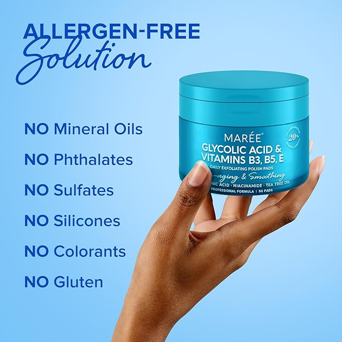 MAREE Glycolic Acid Pads - Toner Pads for Face Cleansing - Exfoliating Pad with Tea Tree Oil, Salicylic Acid & Vitamins E, B3, B5 - Acne Clearing, Skin Pore Resurfacing & Radiance Device - 50 Count