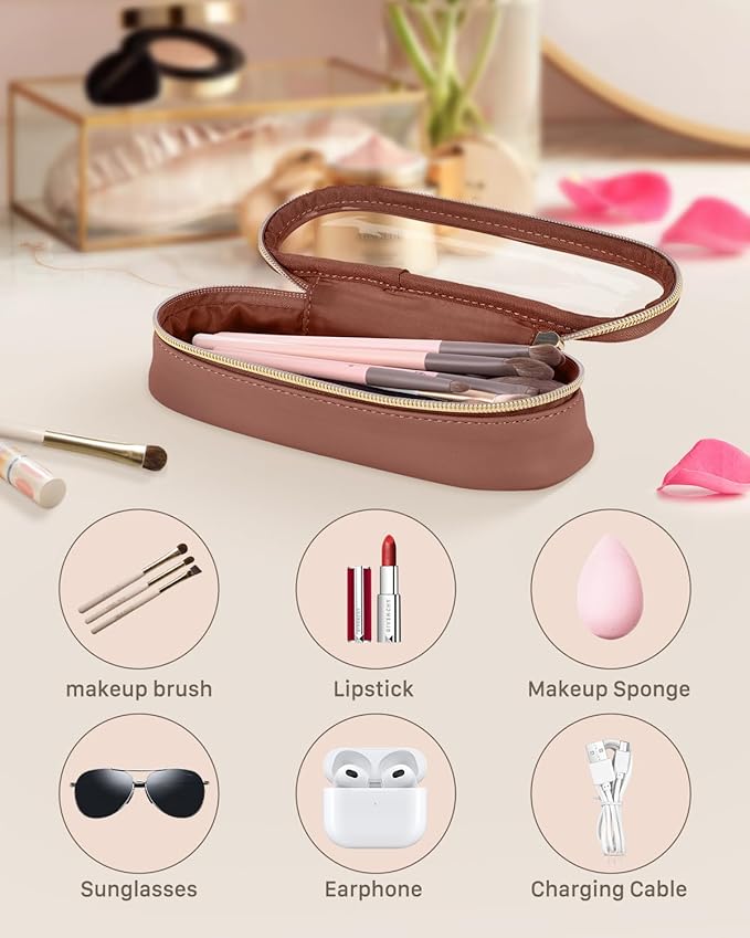 Clear Travel Makeup Brush Holder, Leather Makeup Brush Toiletry Bag, Portable Cosmetic Brush Case, Transparent Waterproof Makeup Brush Storage Bag, Brown
