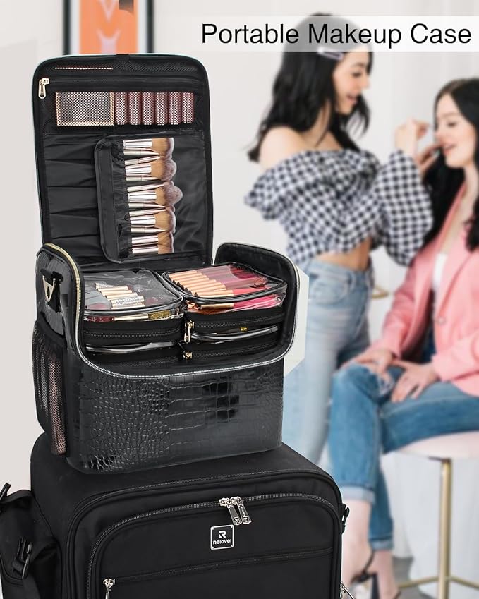 Travel Makeup Case with 4 Small Bag, Professional Makeup Artist Bag Tattoo Case Makeup Organizer Box with Adjustable Dividers and Shoulder Strap (Medium, Black)