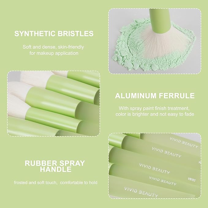 5pcs Green Face Makeup Brushes – Soft Synthetic Bristle Powder, Bronzer, Blush Brush Set – Comfortable Non-Slip Rubber Handles – Cruelty-Free Make up Tools – Perfect for Blending, Contouring & More