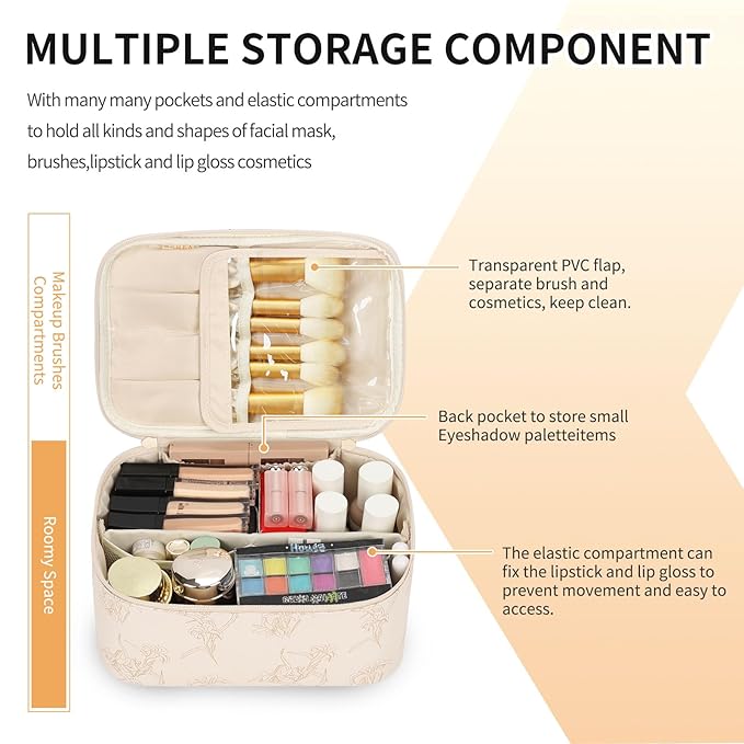 OCHEAL Makeup Bag for Women - Travel Cosmetic Organizer with Brush Slot & Divider, Large Capacity Toiletry Bag for Girls, Travel Makeup Case for everyday Make up Accessories -Beige floral
