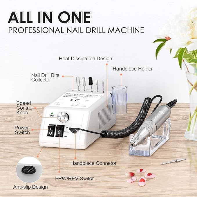 Subay 30,000rpm Efile Nail Drill, Electric Nail File with 106pcs Sanding Bands and Nail Drill Bits Pedicure Manicure Tools for Acrylic Nails,Thick Nails for Nail Salon Supplies Home Use, White