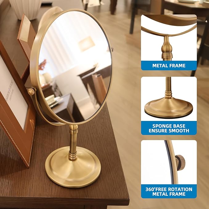 Antique Brass Makeup Mirror 1X/10X Free Standing 8 Inches 360 Swivel Dual-Sided Tabletop Makeup Mirror, Metal
