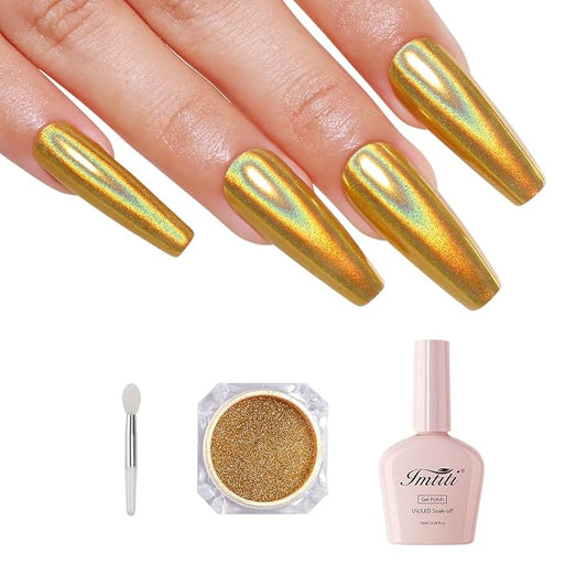 Imtiti Holographic Gold Chrome Nail Powder Kit,1g Holo Iridescent Gold Meatllic Mirror Effect Powder with 10ml White Color Gel Polish Metal Nail UV DIY Kit