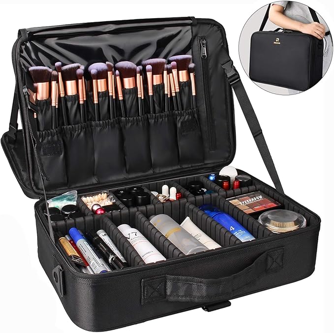 Relavel Travel Makeup Train Case Cosmetic Case Organizer Portable Artist Storage Bag with Adjustable Dividers for Cosmetics Makeup Brushes Toiletry Jewelry Digital Accessories