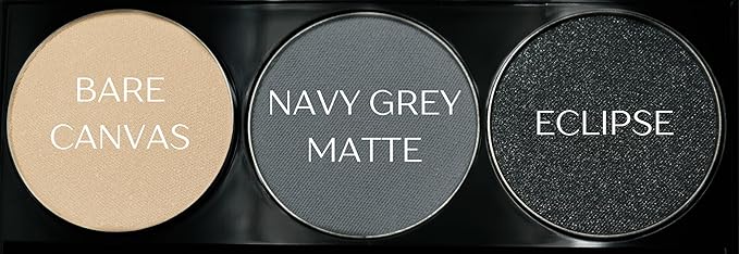Off White, Matte Medium Grey Blue, and Glitter Black Deep Navy Blue Vegan Eyeshadow Trio Palette; Talc, Paraben & Cruelty Free