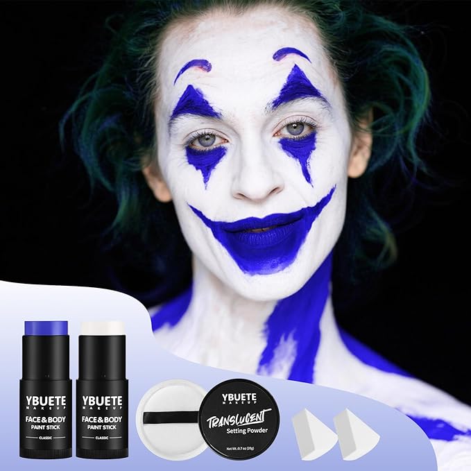 White Blue Face Body Paint Stick Set with Translucent Setting Powder and Sponges, Professional Full Coverage Face Painting for Adults Halloween Cosplay SFX Avatar Corpse Bride Skull Makeup