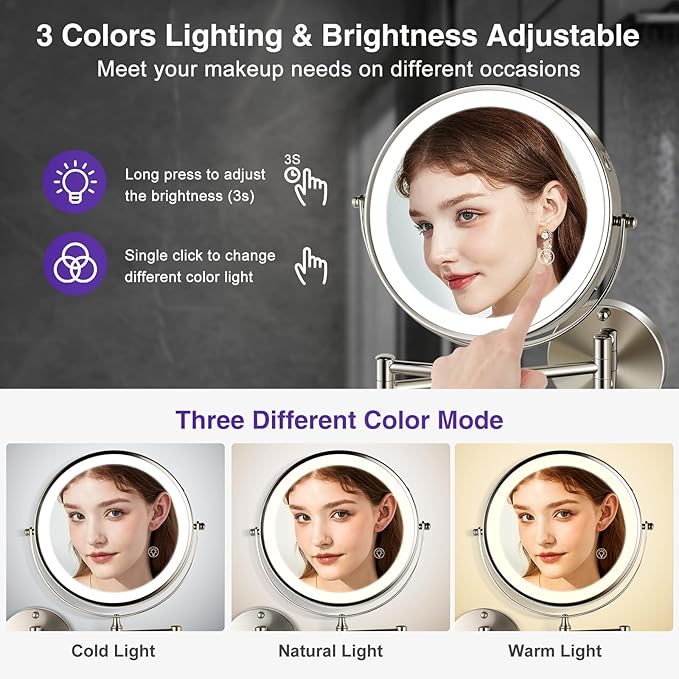 Magnifying Mirror with Lights 1x/15x: 8.5" Double Sided Wall Mounted Lighted Makeup Mirror for Bathroom, Brushed Nickel