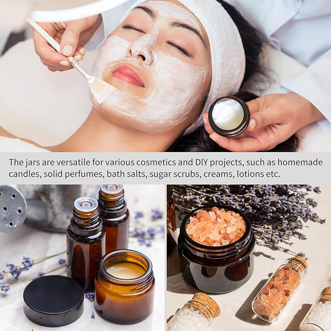 KEYWING 2oz Small Glass Jars with Black Lids, 48 Pack Amber Glass Cosmetic Jars, Round Empty Sample Container with Inner Liners for Lotions, Cream, Powders and Ointments