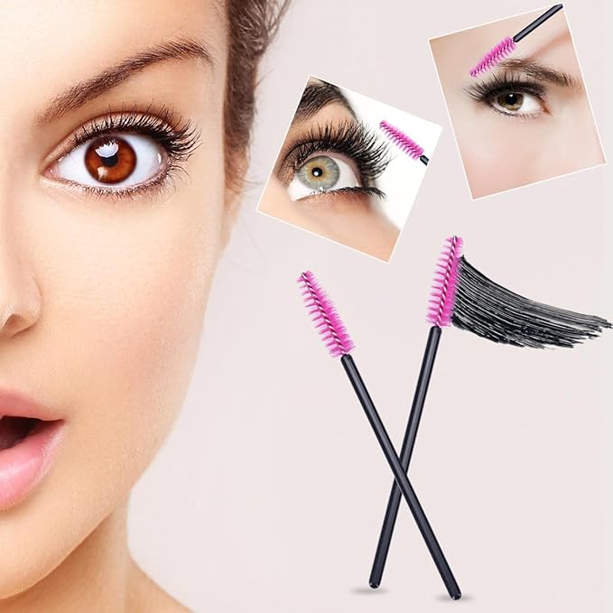 BTYMS 100 Pcs Disposable Eyelash Brush Mascara Applicator Lash Wand Eyebrow Spoolie for Extension - Pink