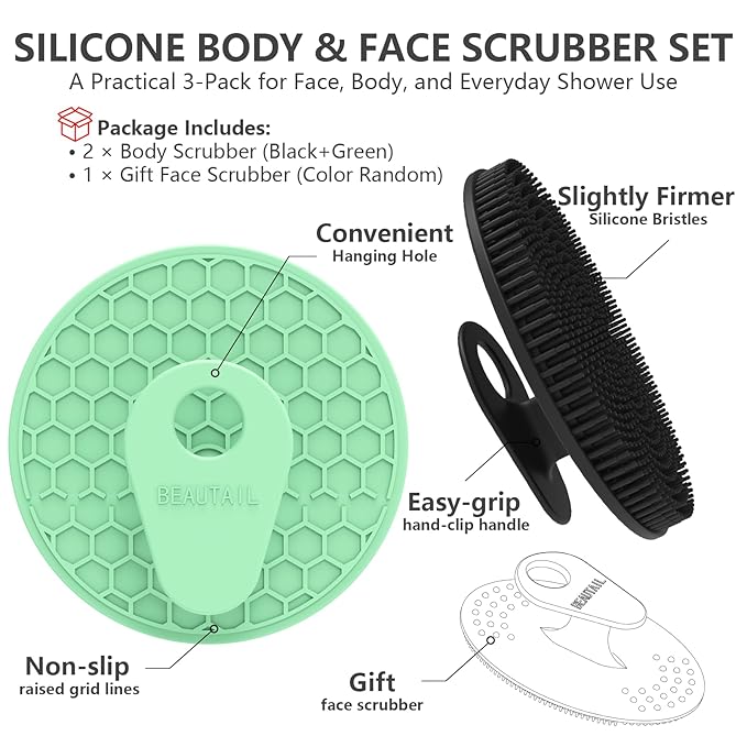 Silicone Body and Face Scrubber Set 3 Pack, BEAUTAIL Shower Bath Scrubber, Gentle Exfoliating Brush for Women Men Baby Sensitive Skin, More Hygienic Than Traditional Loofah, Long Lasting, Black+Green