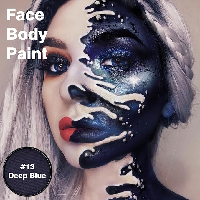 Deep Blue Face Body Paint Makeup 30G,Professional Stage Screen Halloween,Face Body Paint Makeup for Halloween Costume Theater Dress-Up Corpse Bride Sally Smurf Sea Avatar Makeup-13