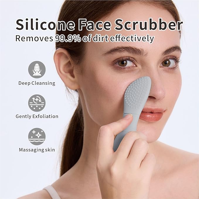 Silicone Face Scrubber Skin Spatula —2 in1 Pore Cleansing Brush Black Head Remover for Face Nose, Blackhead Remover Scraper Pore Extractor Tool for Men Women Skin Care (Light Gray)