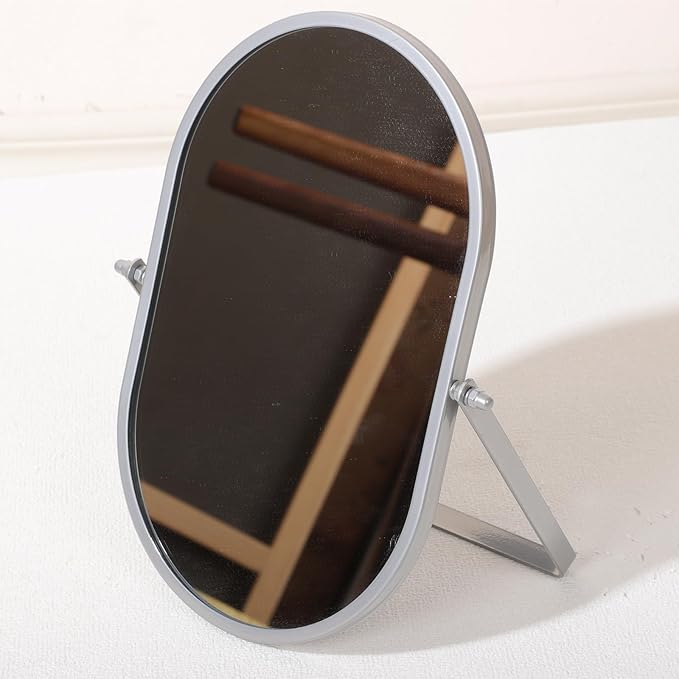 Bathroom Rectangle Desktop Makeup Mirror with Silver Metal Standing 180° Rotation Vanity Table Mirror Portable Cosmetic Mirror for Dressing Room Bedroom