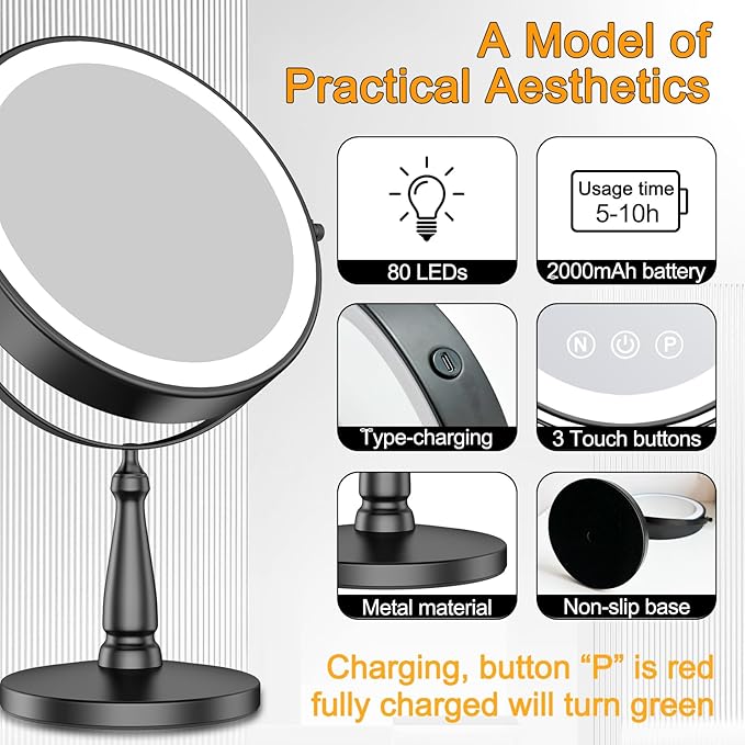 Makeup Mirror with Lights, 20X Magnifying Mirror with Light and 3 Colors, 9" Vanity Mirror with Lights and Adjustable Brightness, 2-Sided Tabletop Mirrors with 360° Rotation, Black Desk Mirrors