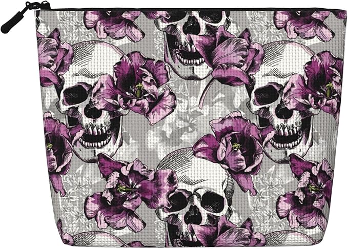 MOLAIGIN Skull Purple Flower Cosmetic Bag For Women, Travel Makeup Bag, Toiletry Zipper Bag, Large Capacity Aesthetic Cases