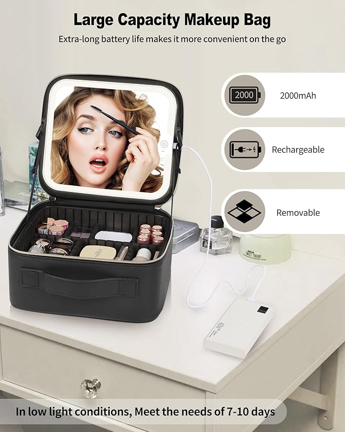 Makeup Bag With LED Mirror, Travel Makeup Case with Light up Mirror Large Cosmetic Case with 3 Color Lighted Portable Organizer Bag with Adjustable Dividers（Black）
